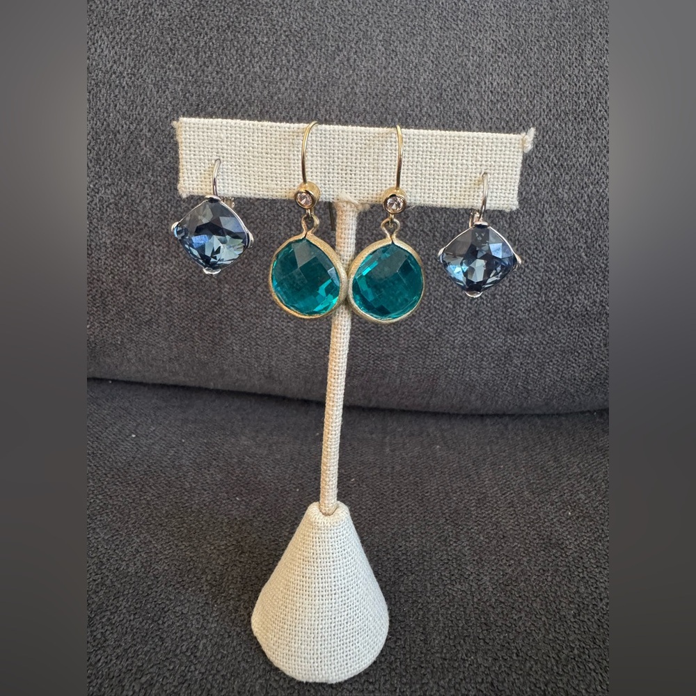 2 pairs of blue‎ teal gemstone dangle earrings gold silver tone